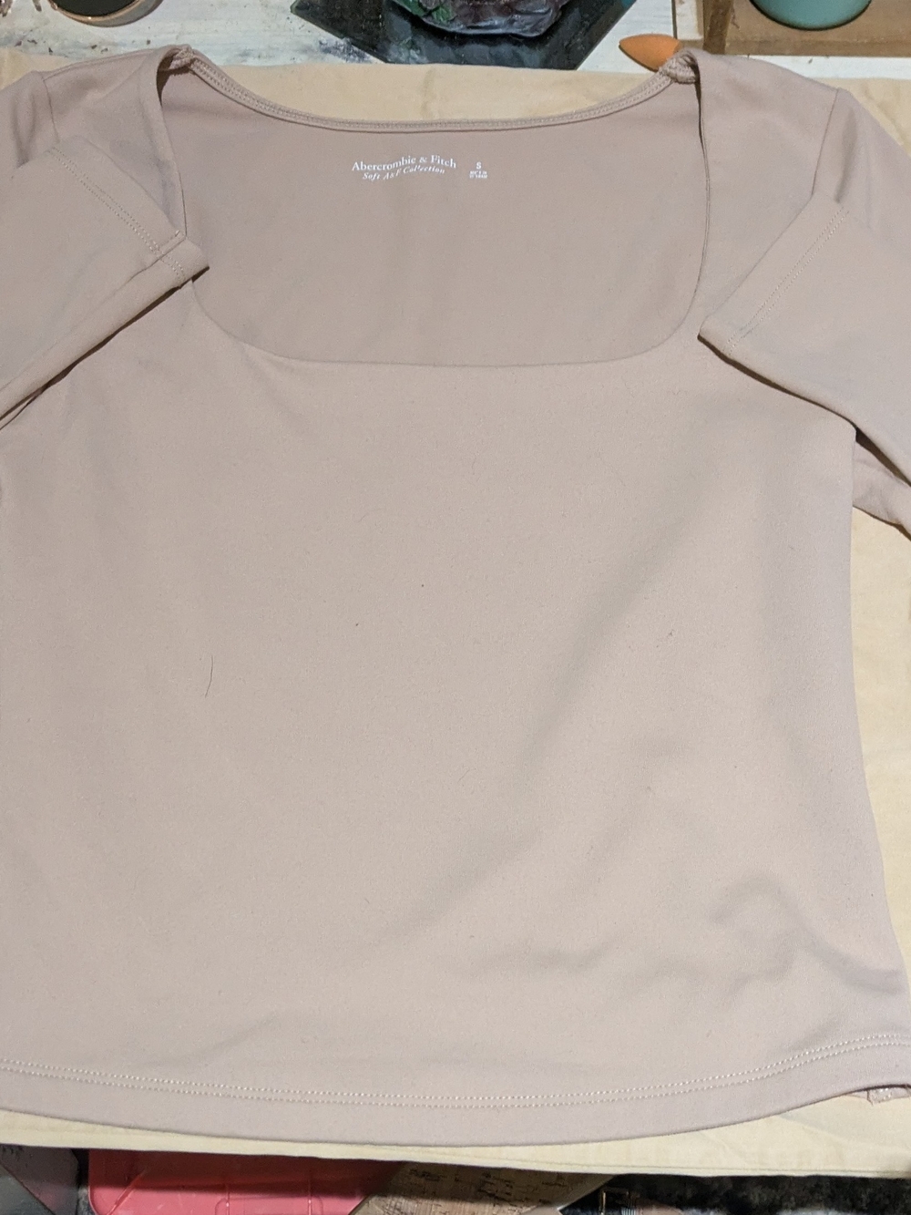 Abercrombie & Fitch Women's Square Neck Long Sleeve Top - Light Blush Crop Top